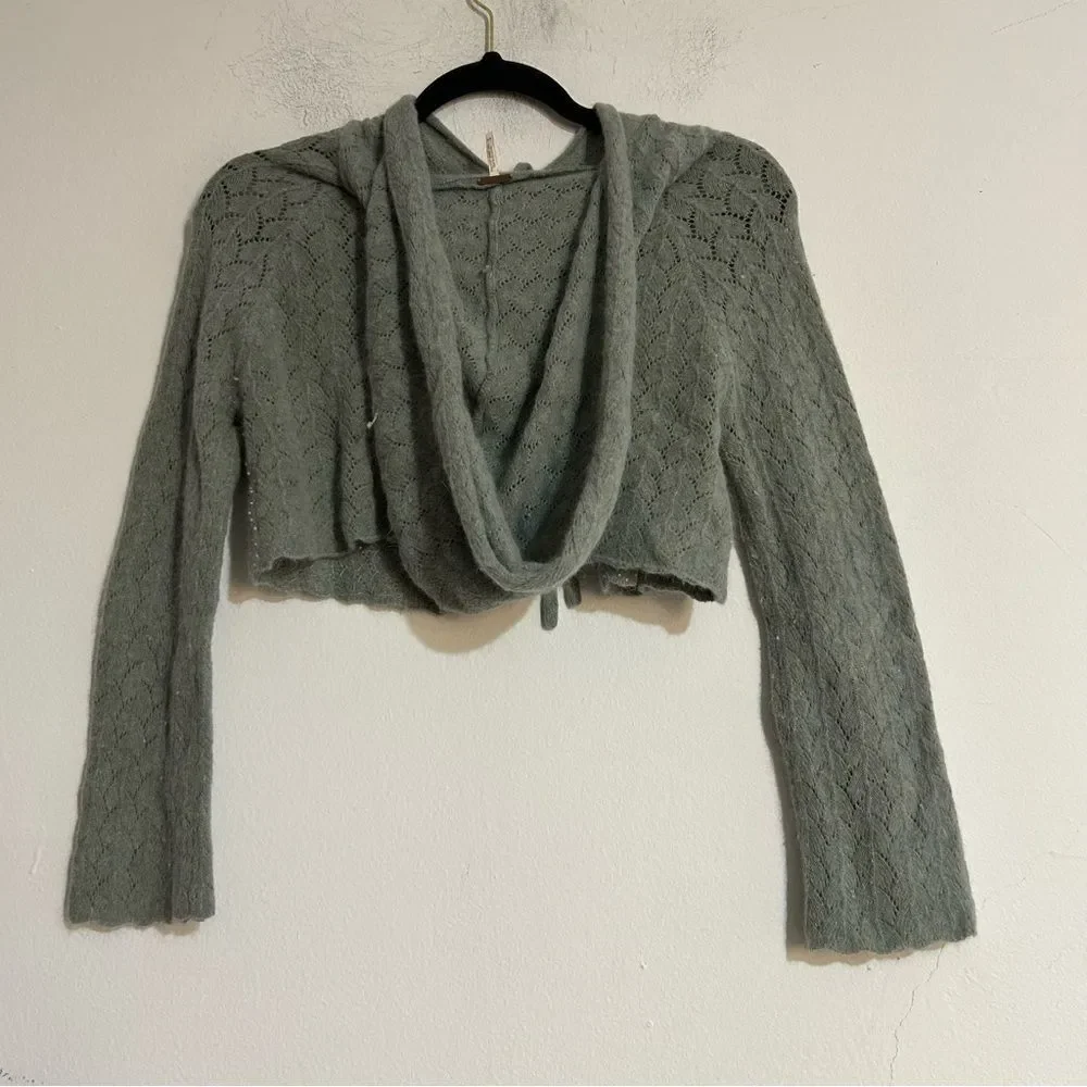 Free People Pearl Beaded Pointelle Cropped Tie Hooded Cardigan Fairy Whimsical